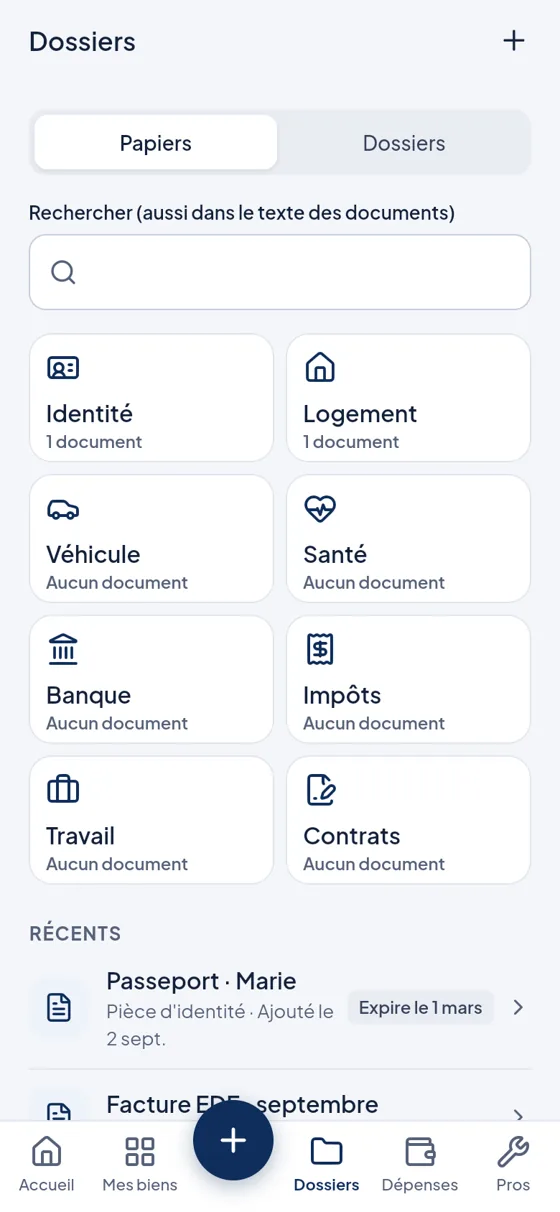 App Le Chez Soi : papiers rangés par catégorie